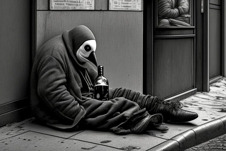 One single mature homeless penguin with worn out clothes, sitting in a corner on the street, wine bottle , Vienna, mourning, model style, hyper realistic, extremely accurate, delicate, extremely detailed, Graphic novel style, wide-angle, open aperture, superfine pencil