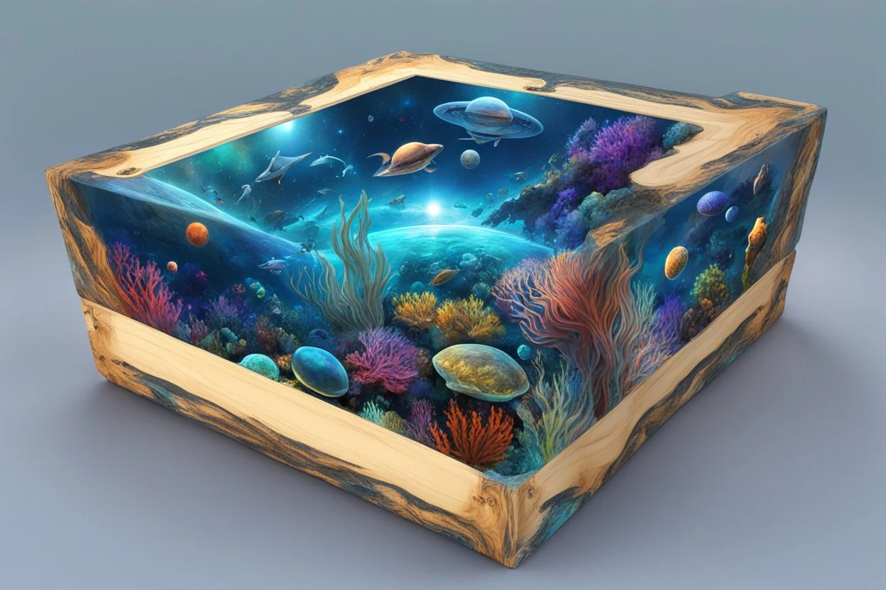 hyperrealistic, 4k, box for storing things with beautiful drawings a lot of colours, very detailed, subnautica, sea plants, planets space, galaxies,