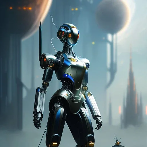 cosmos masterpiece, humanoid cyborg robot with sword hands, sango fantasy, fantasy magic, sharp focus, illustration, highly detailed, digital painting, concept art, matte, artgerm and paul lewin and kehinde wiley, full figure, fit in board, cyber punk, pretty accurate hands face fingers, natural aye, fit within portrait