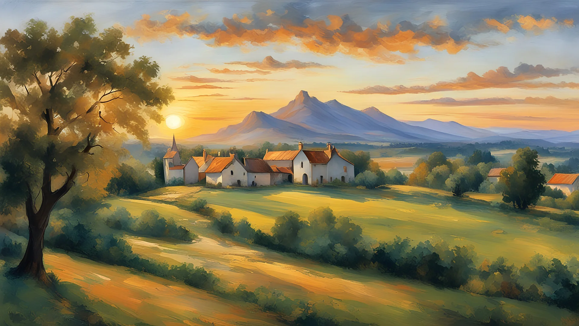 Style Cézanne, rural idyll, agriculture, dream world, sunrise, calm beauty, fantasy world, magic, beautiful composition, exquisite detail, superb buildings in the distance