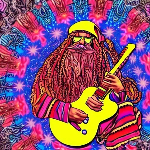 hippie Santa playing electric guitar, psychedelic, peace sign, MUSHROOMS, TRIPPY, ACID, LSD, dreadlocks