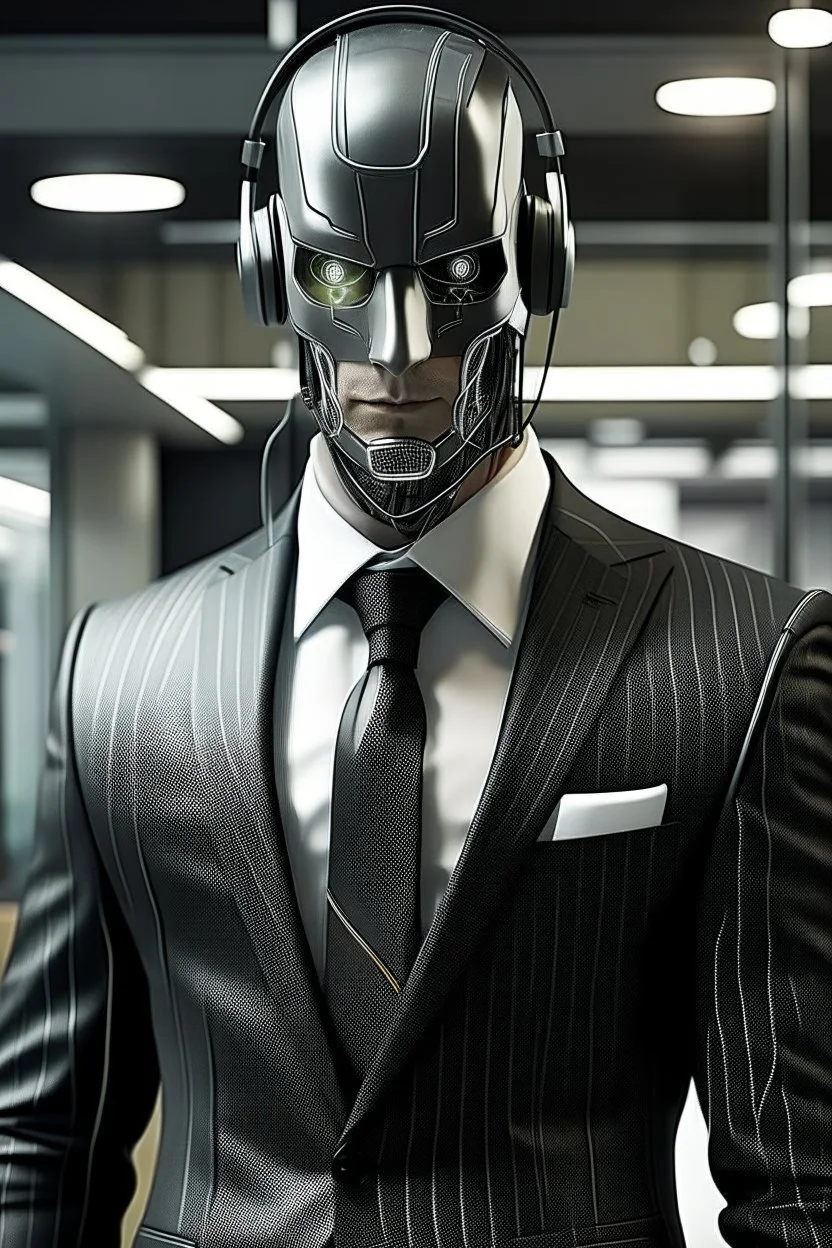 business suit, security headphone, in office, cyborg