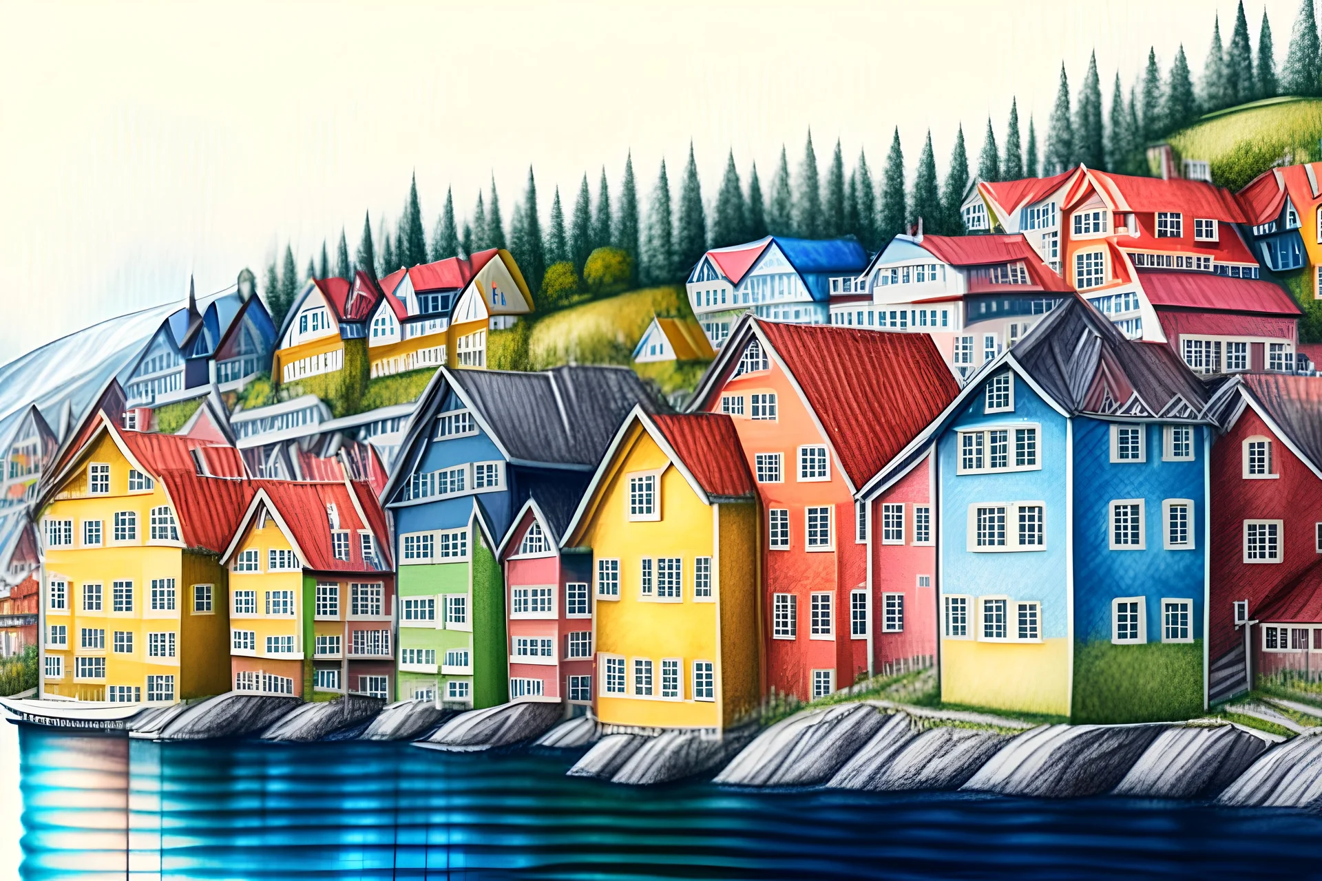 Colored pencil drawing, Very detailed, Drawing of the colorfull houses in the city Bergen in Norway. Colorfull, professional, detailed, pencil strokes, calm composition, zoom out., houses in a row. water on foreground, mountains on the background.