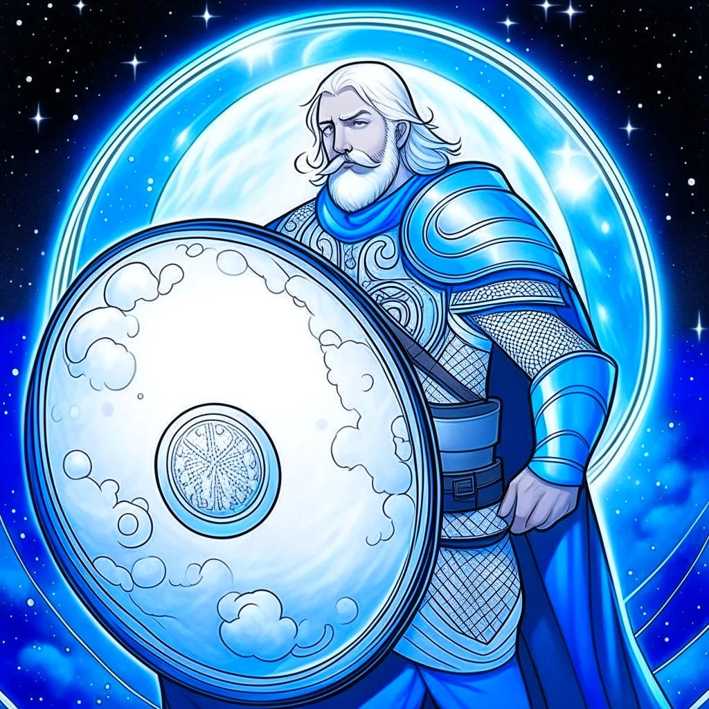 Please create an image for a 30-year old aasimar male with silver hair and a short, square beard and blue eyes. He is standing outside in the moonlight wearing plate armor and wielding a shield and a mace. His equipment is adorned in multiple places with crescent moons and stars