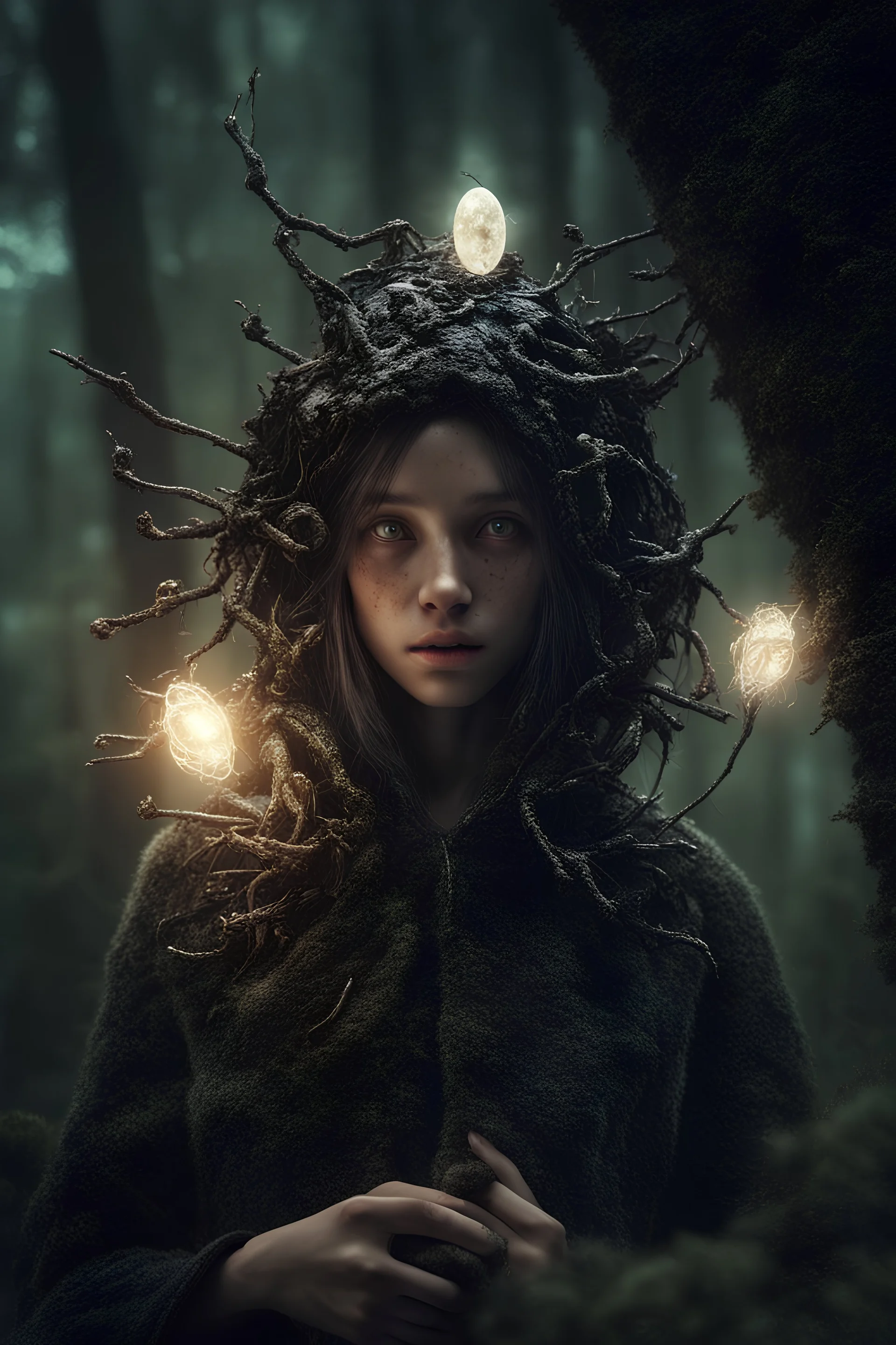 Rare parasite creature.. Holding a membranous cocoon of living creatures , dystopian cg society. girl in the forest, sparks around her, high lighting, intricate, 8k, macro photography,