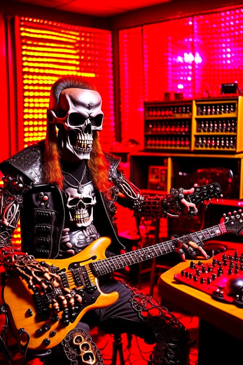 A fire starts in a radio studio, a Terminator T800 drums, a radio host of a hard rock show plays guitar, the host wears a gas mask and a black Iron Maiden shirt.