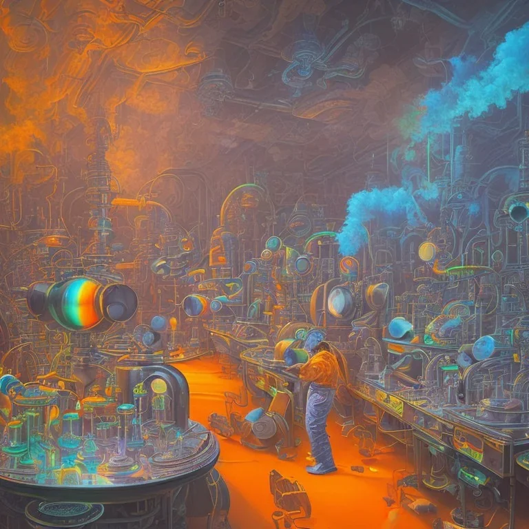 group of scientists is in the laboratory. invent new colors. smoke rises from multi-colored glassware. they are wearing overalls. color swatches in the background. hyperdetailed, orange and teal, warm colors, detailed painting, digital illustration, oil on canvas, light dust, futuristic.