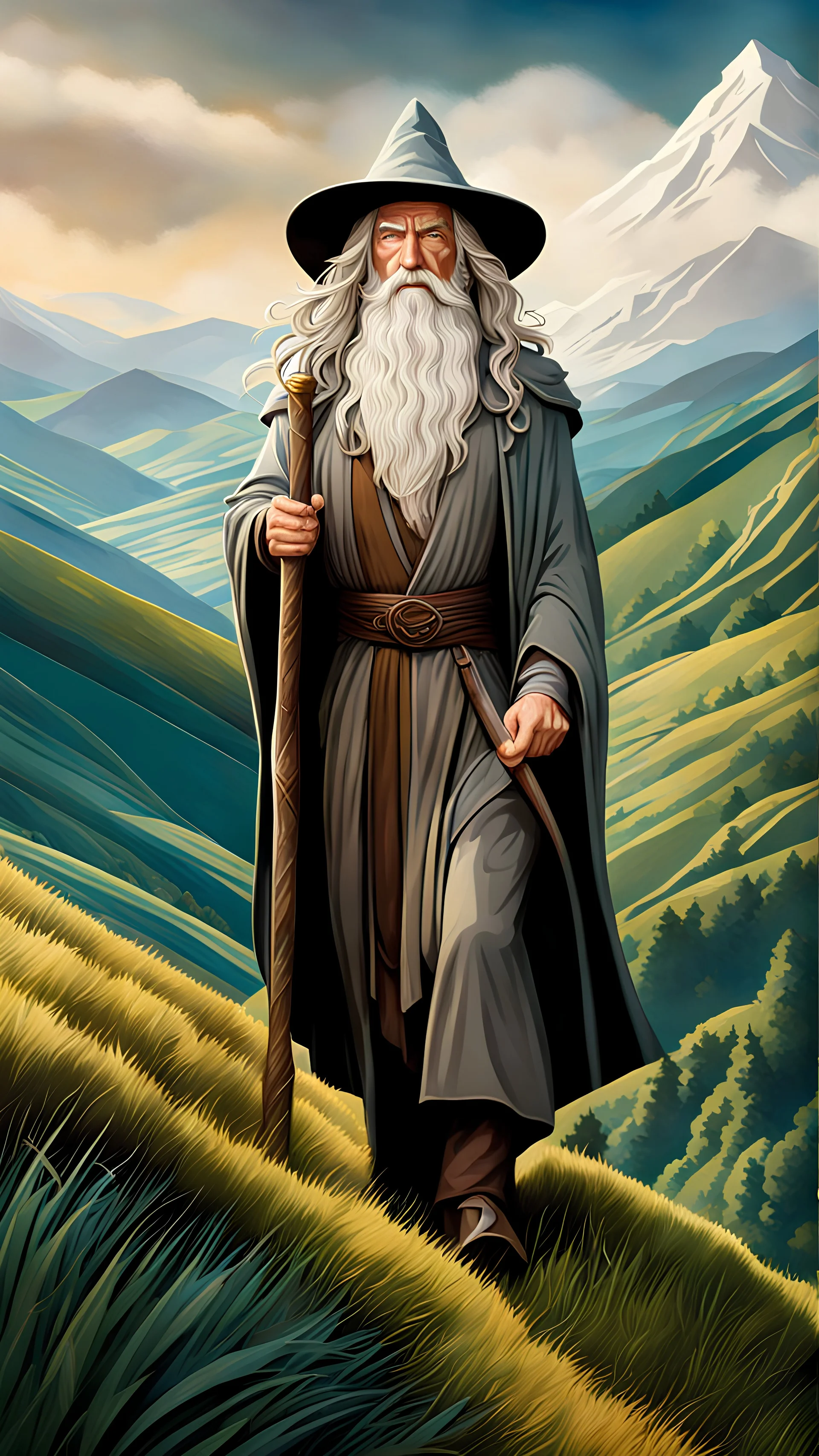 Gandalf en las colinas, Art Déco, full body, calidad ultra, hiperdetallado, increíble obra de arte, 64K