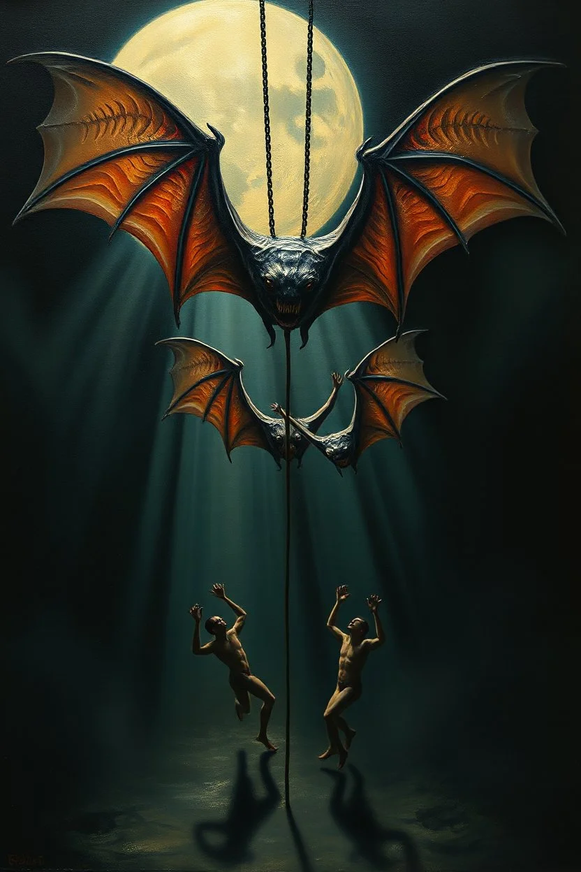 endless master oil painting, close up on virulent circus bat and acrobats crawl in from the dark shadows, in the style of Escher and Giger