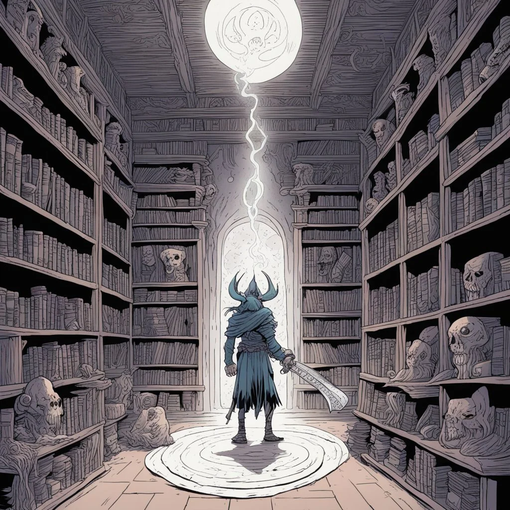 in a library [mexican comics Head Lopper style by Andrew MacLean] this ancient library and laboratory of an invisible wizard, shelves are ancient totems with sacred carvings. Surrounded by spiritual energy, the place calls upon the power of the magic to protect the spell caster.