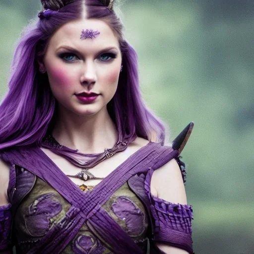 viking queen with purple armor, delicate purple braided hair, white flowing dress, highly detailed, 8k, ambient light, atmospheric lighting, taylor swift