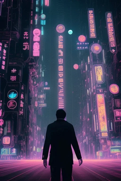 a proffessional night picture, stanley kubrick in a cyberpunk city, at night