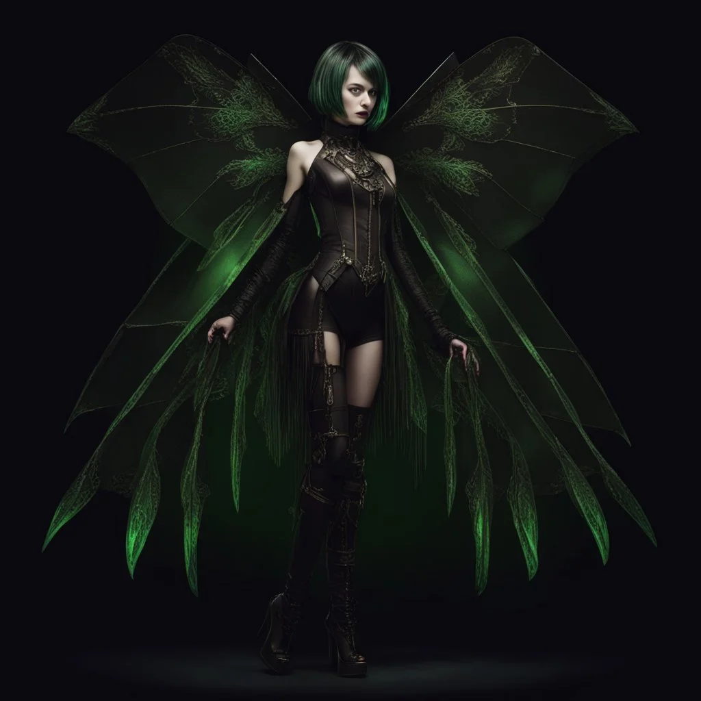 Full body, gothic woman with a bob with a fringe hairstyle, steampunk metal moth wings, green markings, black background