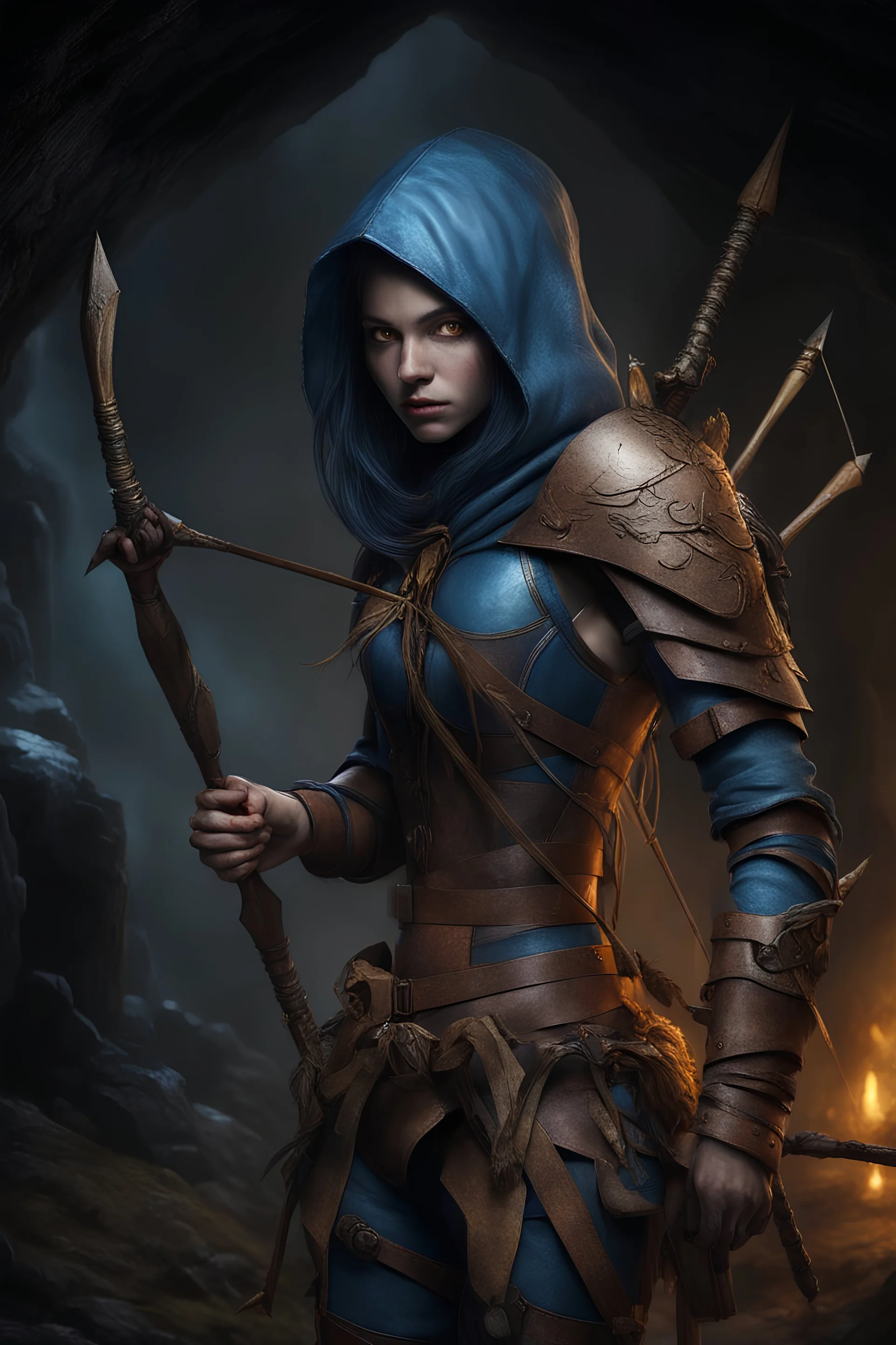 female, blue skin, yellow eyes, spider legs behind back, brown leather armor, holding bow, quiver of arrows, hood, black hair, hyper realistic, ruthless expression, stalking in the dark cave, dim glowing fungus