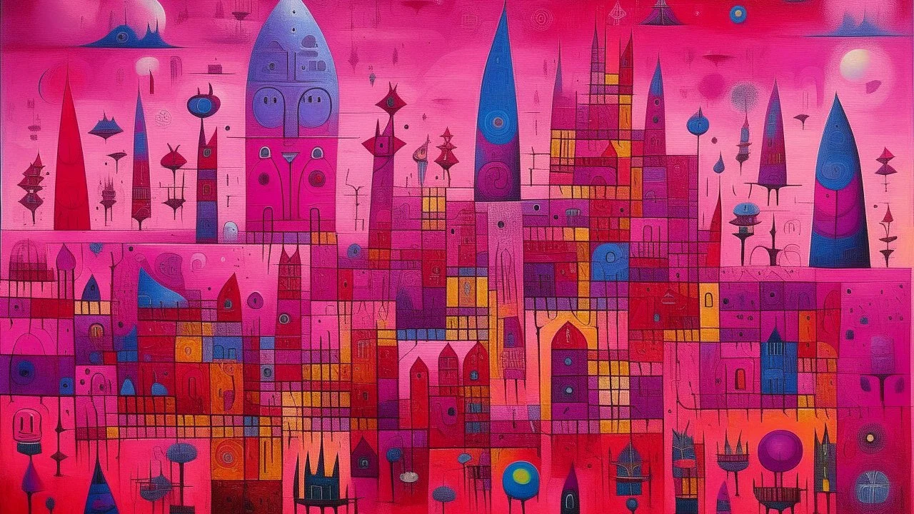 A purplish magenta dream realm with spaceships designed in ancient Egyptian architectures and sculptures painted by Paul Klee