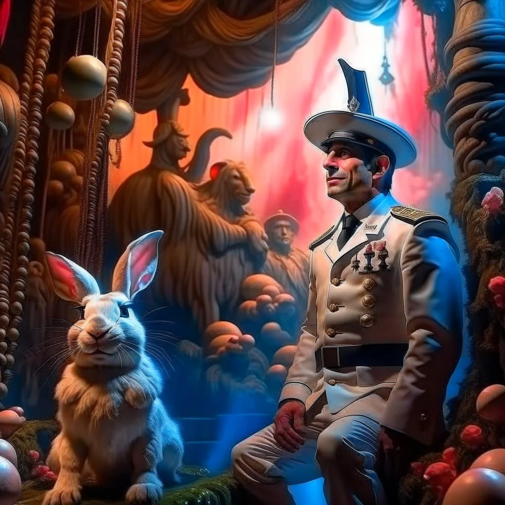 Broadway portrait of Mexican macho gestapo army officer on a ladder inside glowing mushroom grove with huge fluffy space rabbit, 4 k, down-light, soft light, depth of field, photo realism, trending on art station, high detail, spray paint