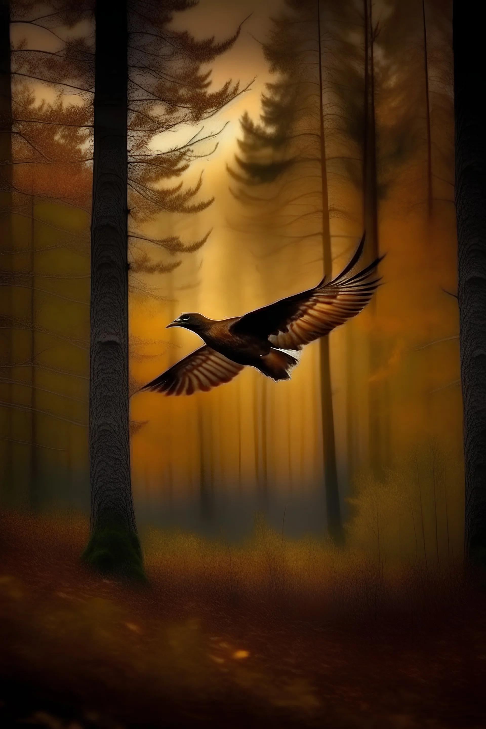 Mostrar pájaro marrón volando en bosque al amanecer como Vincent van gohn