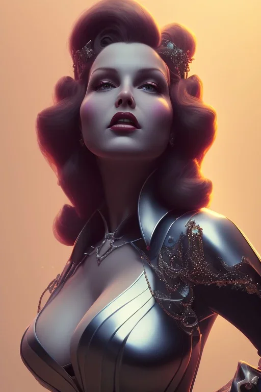 Rita Hayworth as evil queen in black leather, busty, cleavage, dominatrix, curvy, angry, stern look. character design by cory loftis, fenghua zhong, ryohei hase, ismail inceoglu and ruan jia. unreal engine 5, artistic lighting, highly detailed, photorealistic, fantasy