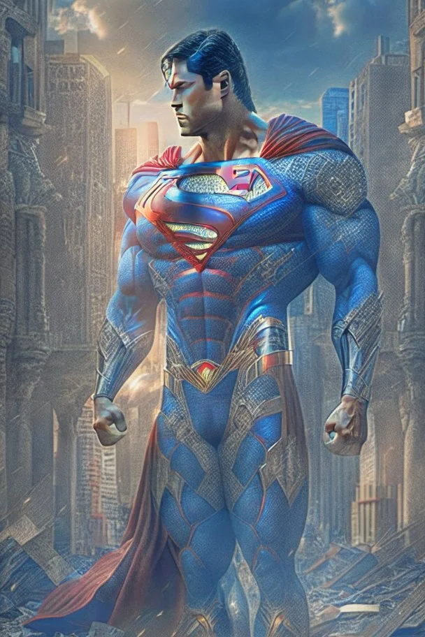 Superman. In a new, sophisticated suit decorated with a Mandala pattern. Strong, fit body. Muscles. A cinematic scene. A destroyed city scene