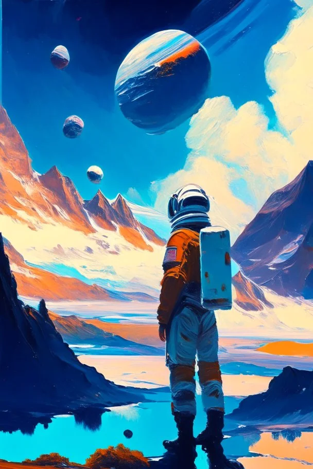 One astronaut looking at sky, planet in thrlake, mountains, sci-fi, hans am ende, and henry luyten impressionism paintings