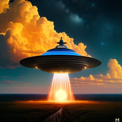 fullbody Drawing of 'Haunebu-II WW2 Flying Saucer with yellow light beam',intricate detail,andrea bonelli,Kilian Eng,Ohrai,evan lee,Aleksandr Sidelnikov,KyuYong Eom,three quarters frontal aerial view,toned colors,16k