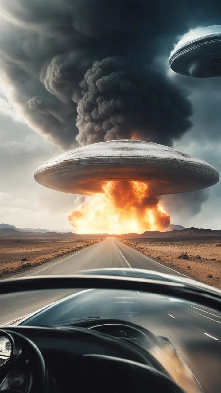 The image shows a photograph with a science fiction theme. Reflected in a side-view mirror, we see a car with passengers, driving on a desolate road. In the background, a large UFO hovers in the sky while multiple explosions erupt in the distance, sending up clouds of smoke and fire. The mirror's border frames this chaotic scene, juxtaposing a calm, seemingly oblivious drive with the dramatic events unfolding behind.