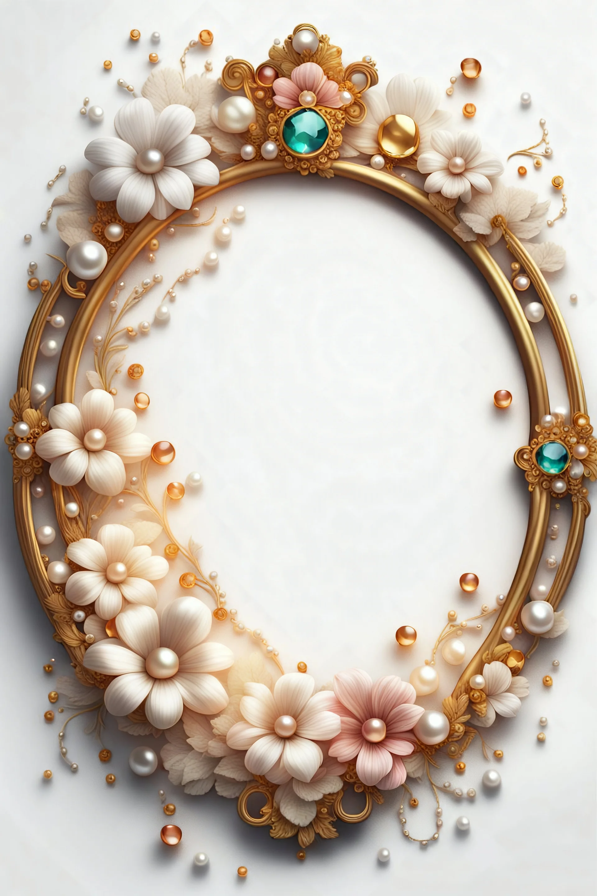 round vintage frame with flowers and pearls, gold precious stones on a white background, Trending on Artstation, {creative commons}, fanart, AIart, {Woolitize}, by Charlie Bowater, Illustration, Color Grading, Filmic, Nikon D750, Brenizer Method, Side-View, Perspective, Depth of Field, Field of View, F/2.8, Lens Flare, Tonal Colors, 8K, Full-HD, ProPhoto RGB, Perfectionism, Rim Lighting, Natural Lighting, Soft Lighting, Accent Lighting, Diffraction Grading, With Imperfections,