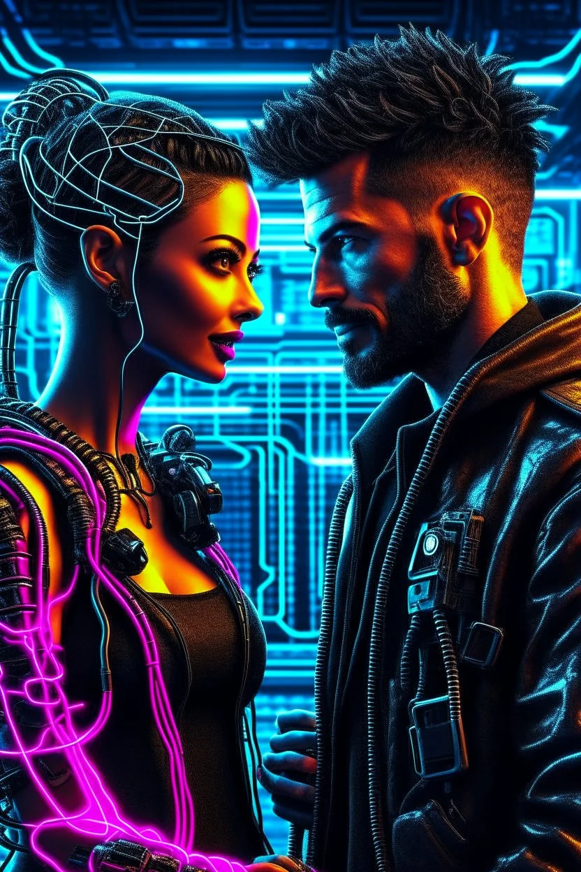 a handsome cyberpunk man connected by wires with a beautiful cyberpunk woman