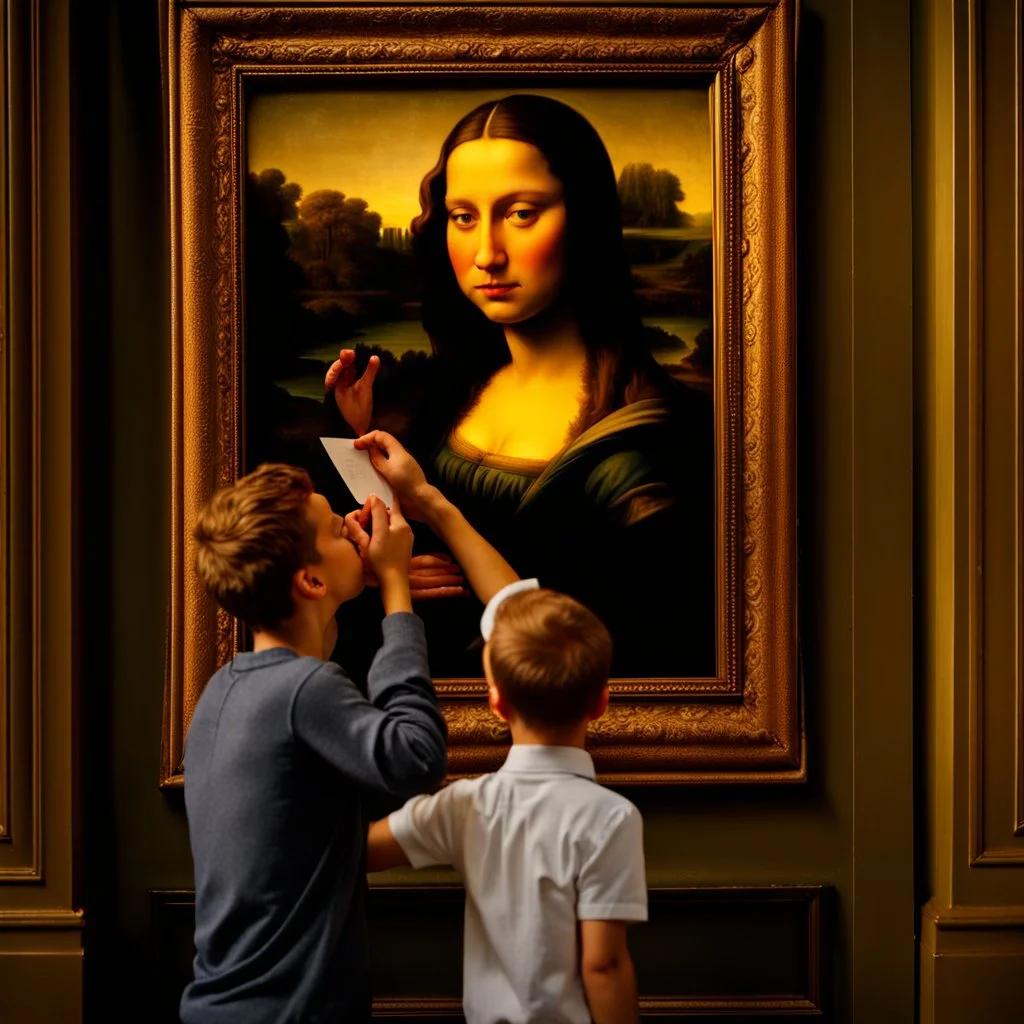 Mona Lisa comes out of the picture and kisses a young man who is standing in the museum looking at her picture