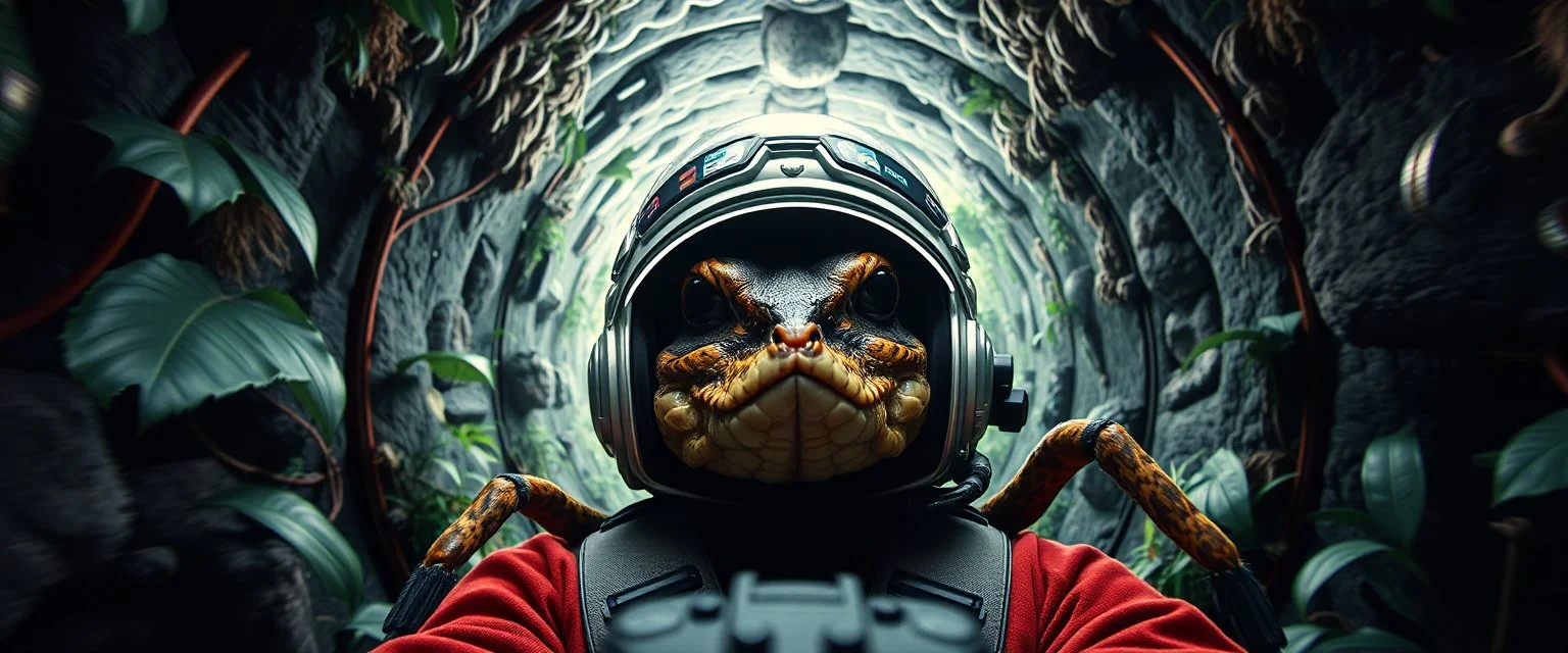 hyper sonic space warp through jungle tunnel crash pilot ,weird experiment gone wrong perspective close up portrait of dj shrimp beaver spider smug snake pilot looking down on cam, with background in the style of escher and giger, a chill contrapunctus fugue in the style of fsol, beethoven, goa trance breaks, dancefloor drum and bass,