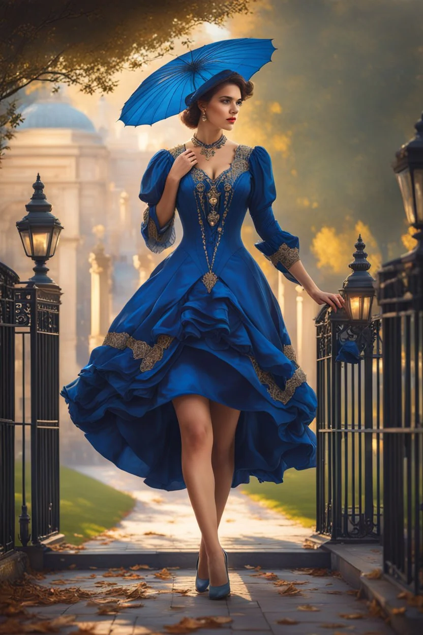 Beautiful woman, the most detailed portrait, the best quality 8k blue dress, Wonderful woman of the Victorian era walks along the park style of the artist Razumov, Volegov , sf, intricate artwork masterpiece, ominous, matte painting movie poster, golden ratio, trending on cgsociety, intricate, epic, trending on artstation, by artgerm, h. r. giger and beksinski, highly detailed, vibrant, production cinematic character render, ultra high quality model fashion show pose