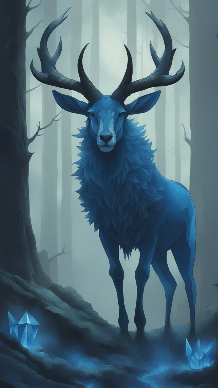 Dark forest, fantasy forest, gazelle, Crystal horns, Blue horns