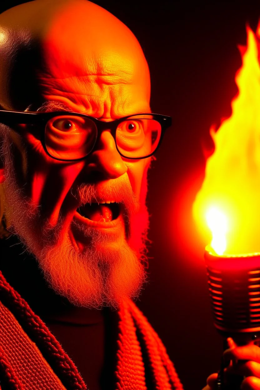 Firestarter animateur radio hardrock with a microphone. He has no hair. He has a thin beard. Je has glasses. He's about 50 years. Seems angry. Flames all around