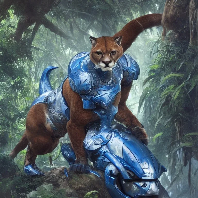 A painting of an angry cougar in full blue and white armor, Inka jungle background, highly detailed, digital painting, Artstation, concept art, matte, sharp focus, illustration, dramatic, art by artgerm and greg rutkowski and alphonse mucha