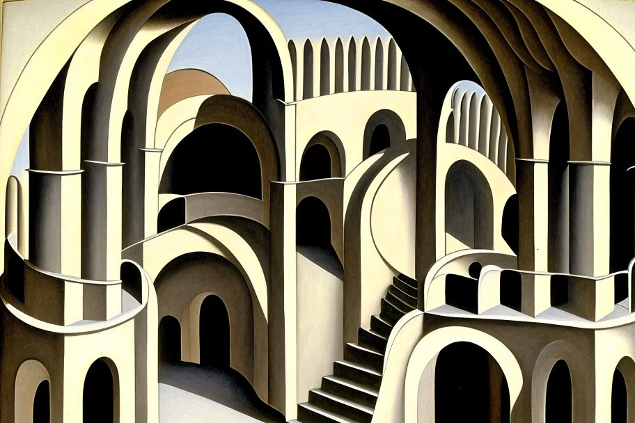 arches arranged in a semicircle, in the middle a slim round tower with an external spiral staircase, symmetrical, by artist "de Chirico",by artist by artist "Escher"