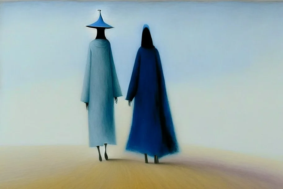 two people without gender seen from behind walking side by side in an empty foggy plain, above there is blue sky by artist "Leonora Carrington"