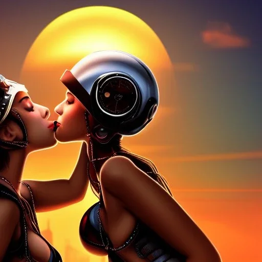 great illustrator, spanish, realistic rendering of a cute spanish girl kissing a cybergirl with helmet, beautiful, steampunk style. Helmet with tubes. Machinery in the background. robotic bird flying. High details. 4k. unreal engine, sunset