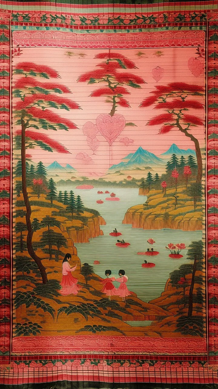 A pink realm of hearts and love designed in Navajo yarn painted by Utagawa Hiroshige