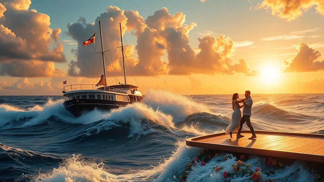 a big ship in oecieon in powerfull waves ,a beautiful sun set and dreamy clouds , young couple dancint on deck and flowers flows from deck to water