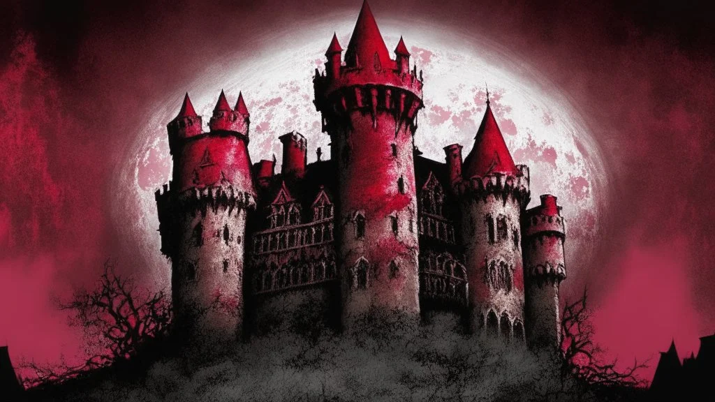 dark blood red colored, Vampire castle, comic style