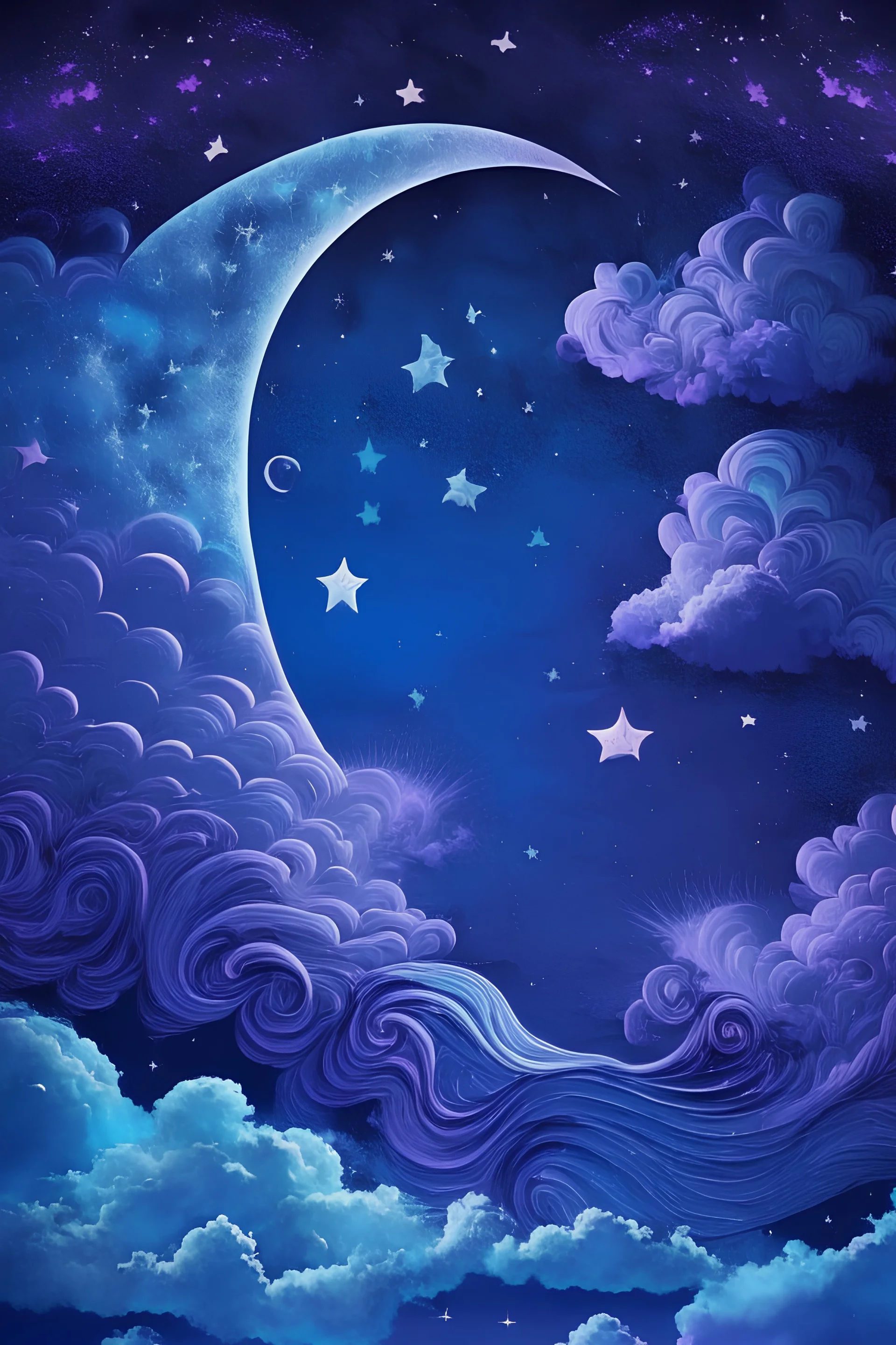 moon and stars with clouds celestial waves blue and purple