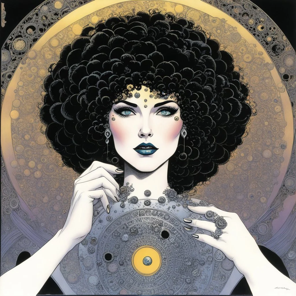 #5 Original Art by Howard Chaykin (Vortex Comic, 1988): Lady Chance: Her presence was as unpredictable as a roll of the dice, as intricate as the swirling patterns of fractal art, and as vast as the concept of Everything Everywhere All at Once. Her eyes held the depth of a Mandelbulb 3D creation, swirling with colors and patterns that hinted at the secrets of the universe.