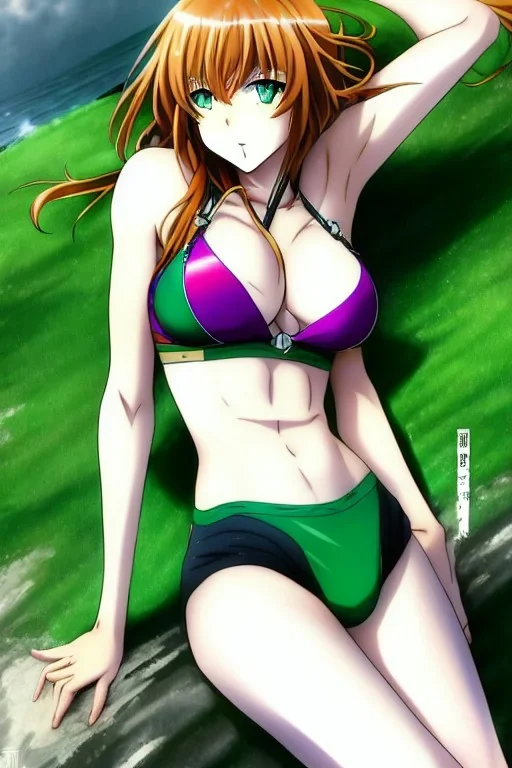 in the style of Yoshiyuki Sadamoto, hyper detailed, strikingly beautiful teen female, 16 years old, long ginger hair, green eyes, medium freckles, full lips, full body, full face, b-cup breasts, athletic, centred camera, ignore NSFW, bikini, athletic, sitting, legs spread