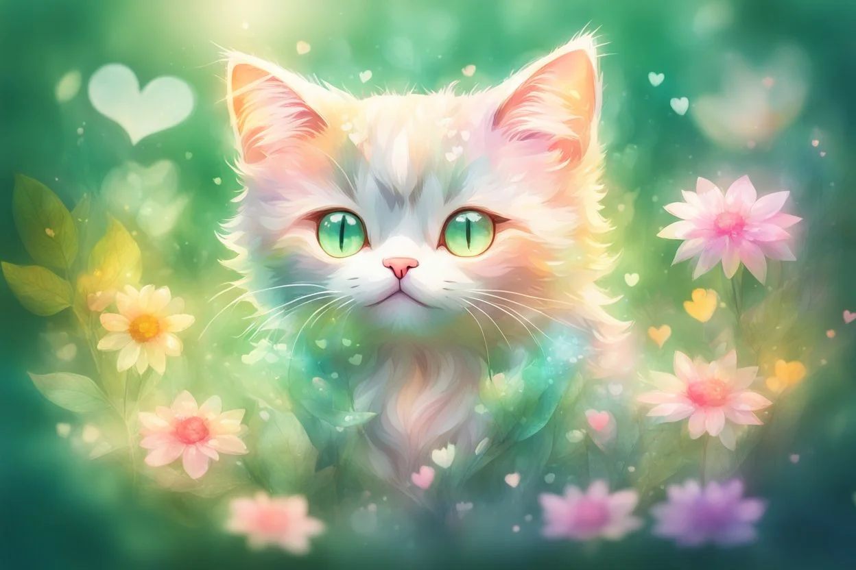 double exposure, merged layers, diaphanous colorful transparent light cute chibi anime cat with glowing center on green leaves and flowers, heart and love, pastel colors, melting watercolor on wet paper, soft strokes, shading colors, ethereal, otherwordly, cinematic postprocessing, bokeh, dof in sunshine