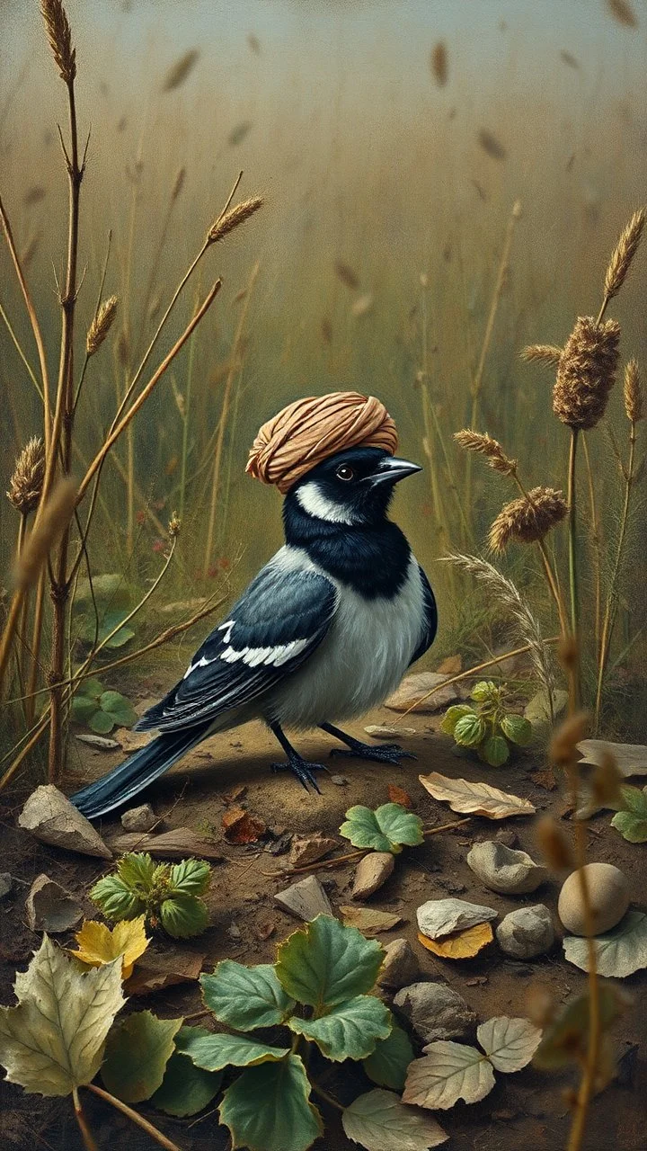 A magpie on the ground on a Muslim kaliffat Turban cover in a forgotten battlefield overrun by vegetation, cutesy tiktok detailed oil painting, grainy, old style
