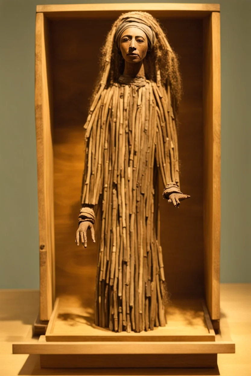 a statue of a woman made of driftwood in a wooden box by assemblage artist "Betye Saar"