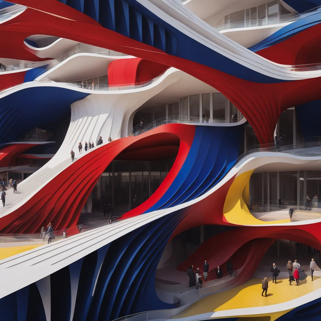 Art museum in the shape of flower petals architecture style Zaha Hadid linear drawing colors red white blue and yellow hyper-detailed 8k