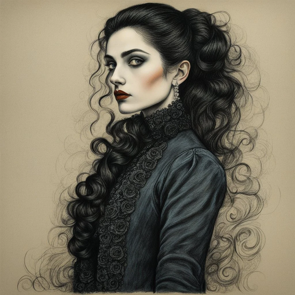 create a 3/4 profile, full body oil pastel of a dark haired, savage, ornately dressed, gothpunk vampire girl with highly detailed , sharply defined hair and facial features , in a smokey 19th century drawing room in the style of JEAN-FRANCOIS MILLET and MARY CASSATT