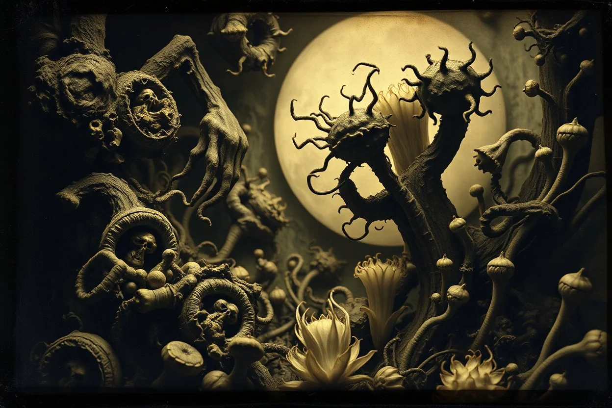 A daguerreotype-style close-up image of a surreal background inspired by Hieronymus Bosch and Max Ernst, featuring twisted organic forms, decaying botanical elements, and strange vegetal growths that seem to pulse with unnatural life. The entire scene is bathed in soft, ambient lighting that creates an otherworldly atmosphere, with areas of deep shadow contrasting against the pale, spectral glow of the figures.