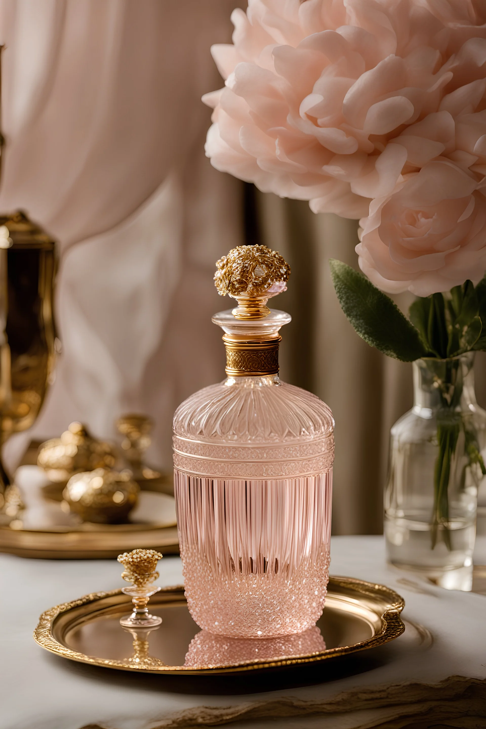 an exquisite tall fluted crystal potion bottle, pink tint with fine gold detailed, crystal topper